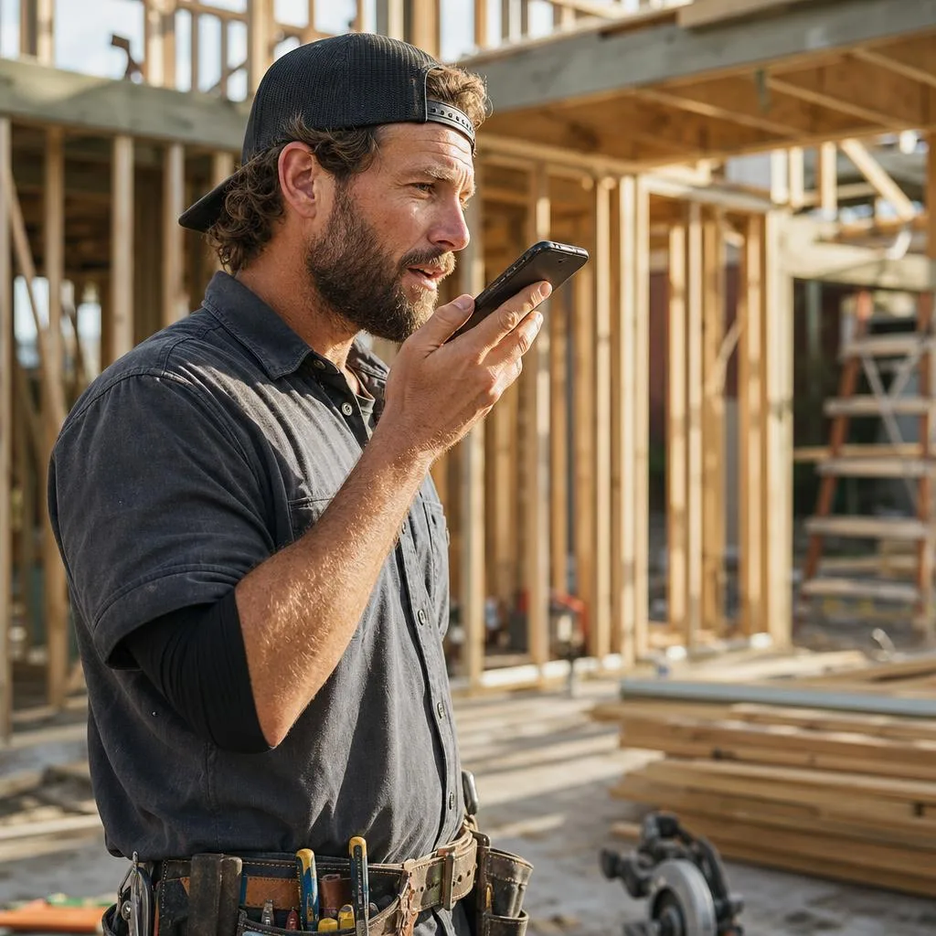 Tradie describing a job scope aloud into a phone on site