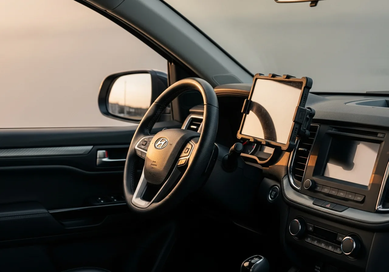 Work ute cab with a phone mount for on-site quoting